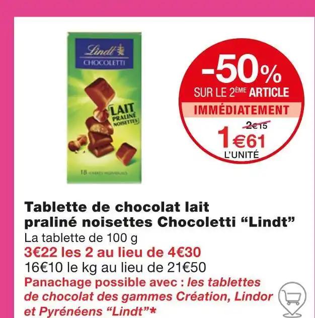Lindt Tablette de chocolat lait praliné noisettes Chocoletti