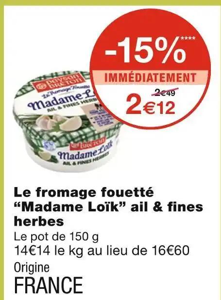 Madame Loïk Le fromage fouetté ail & fines herbes