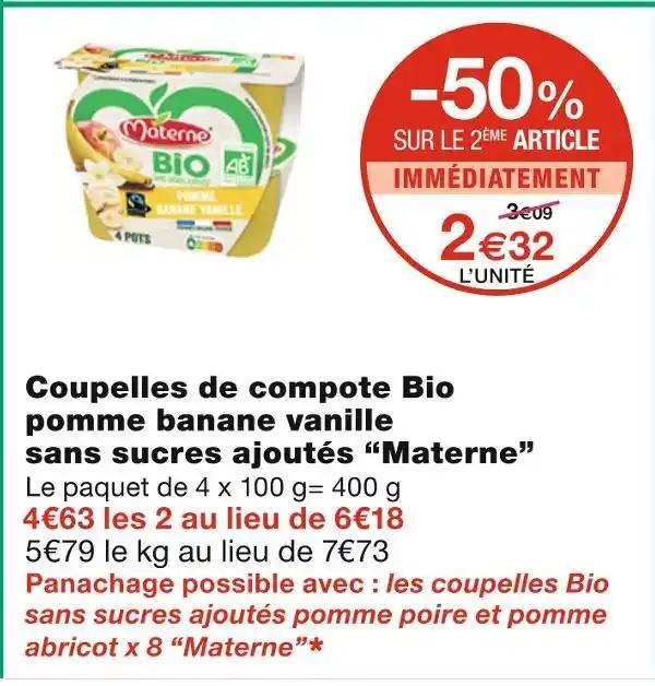 Materne Coupelles de compote Bio pomme banane vanille sans sucres ajoutés