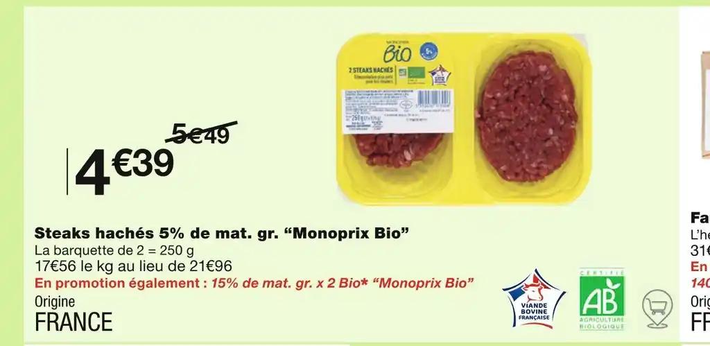 Monoprix Bio Steaks hachés 5% de mat. gr