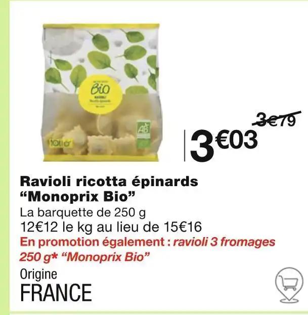 Monoprix Bio Ravioli ricotta épinards