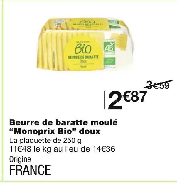 Monoprix Bio Beurre de baratte moulé doux