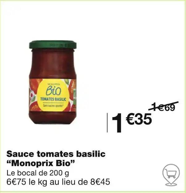 Monoprix Bio Sauce tomates basilic