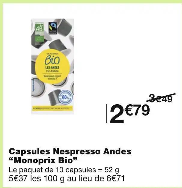 Monoprix Bio Capsules Nespresso Andes