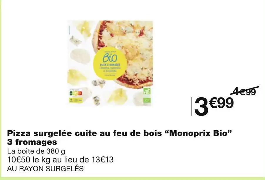 Monoprix Bio Pizza surgelée cuite au feu de bois 3 fromages