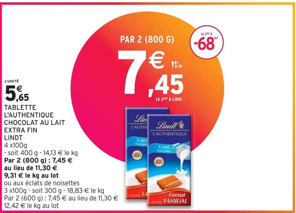 LINDT TABLETTE L'AUTHENTIQUE CHOCOLAT AU LAIT EXTRA FIN