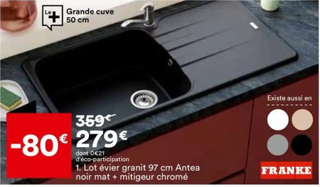 Lot évier granit 97 cm Antea noir mat + mitigeur chromé