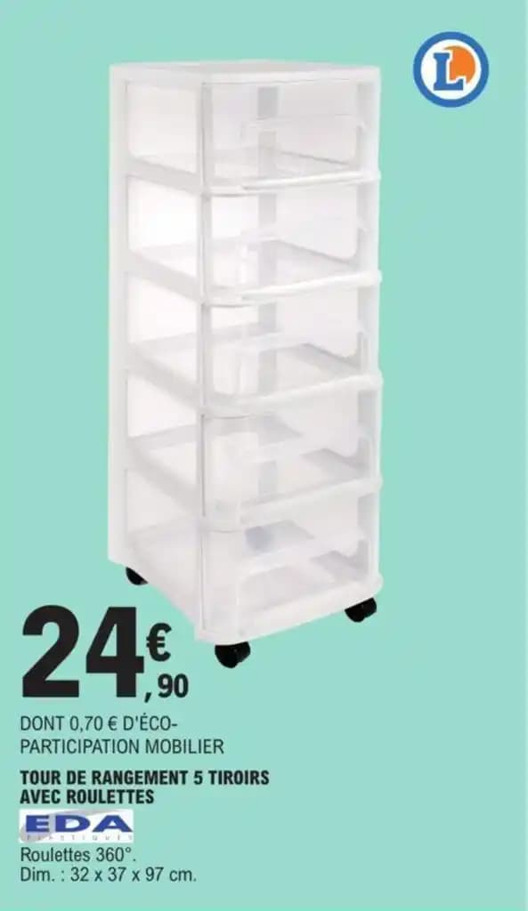 TOUR DE RANGEMENT 5 TIROIRS AVEC ROULETTES