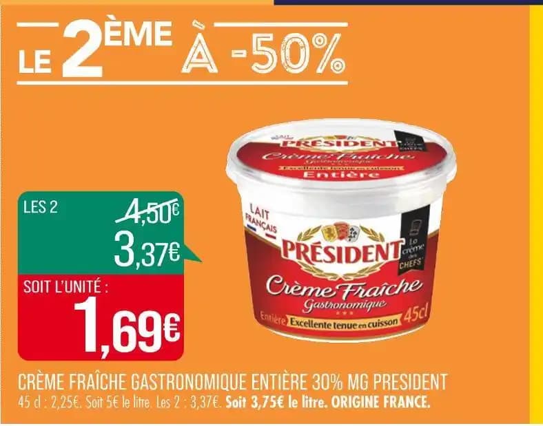 PRESIDENT CRÈME FRAÎCHE GASTRONOMIQUE ENTIÈRE 30% MG