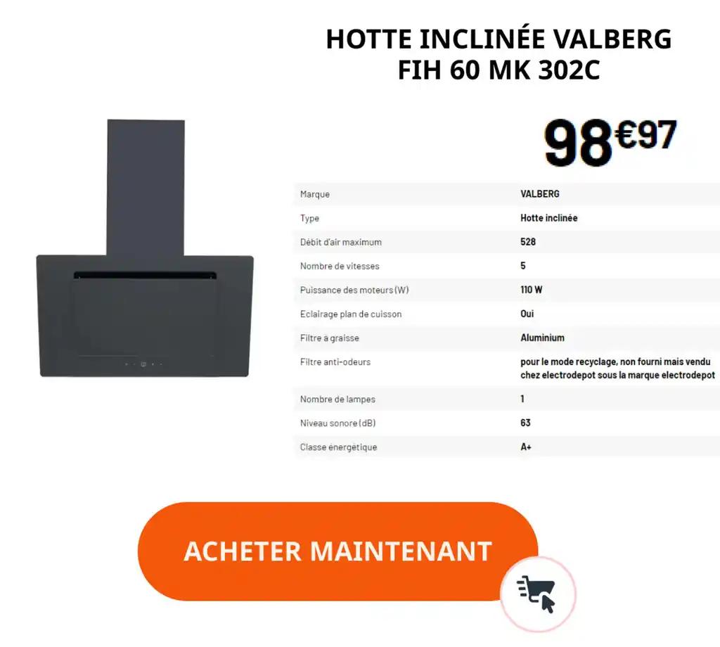 HOTTE INCLINÉE VALBERG FIH 60 MK 302C