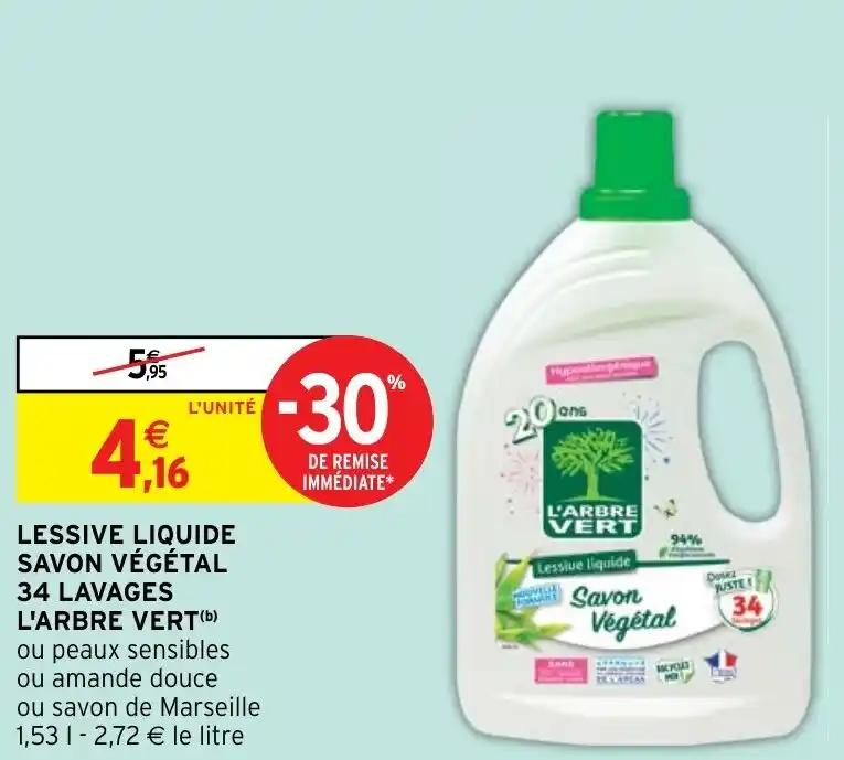 LESSIVE LIQUIDE SAVON VÉGÉTAL 34 LAVAGES L'ARBRE VERT(b) ou peaux sensibles