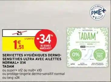 Tadam - serviettes hygiéniques dermo sensitives ultra avec ailettes normal+