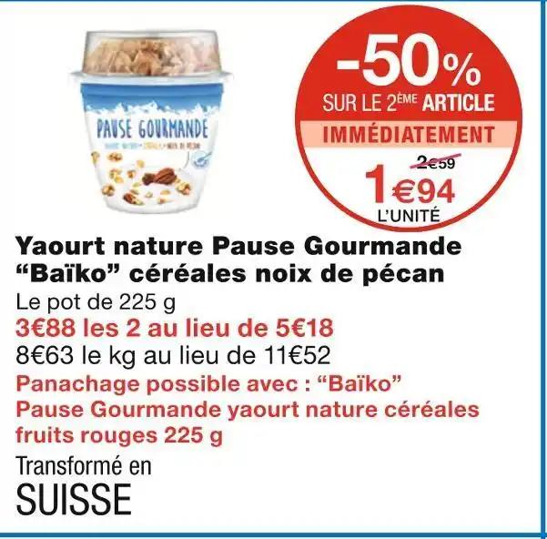 Baïko Yaourt nature Pause Gourmande céréales noix de pécan