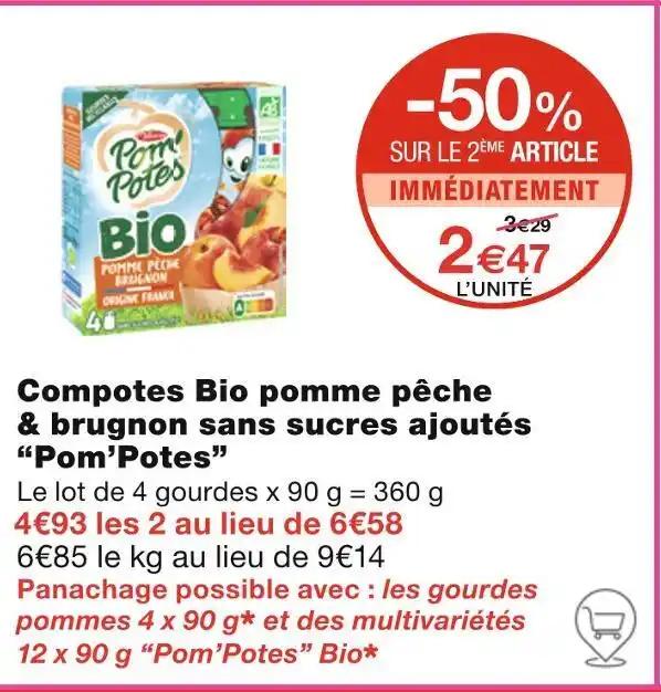 Pom’Potes Compotes Bio pomme pêche & brugnon sans sucres ajoutés