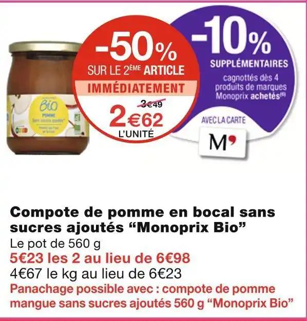Monoprix Bio Compote de pomme en bocal sans sucres ajoutés