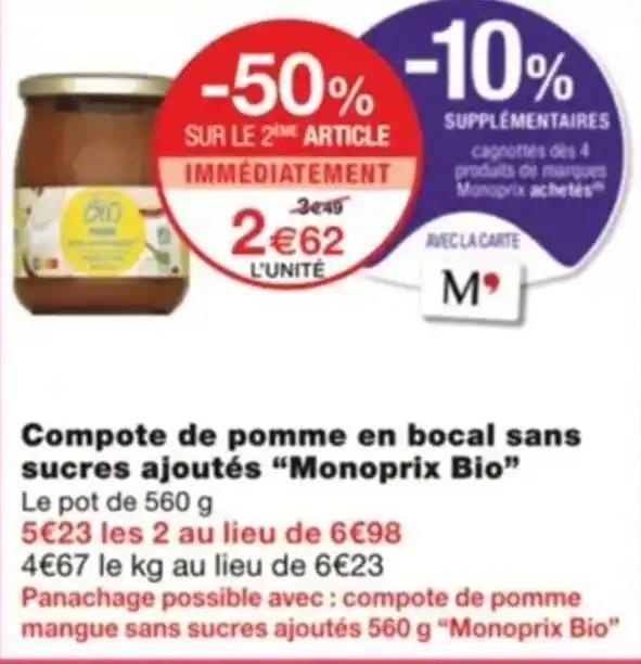 Compote de pomme en bocal sans sucres ajoutés “Monoprix Bio"