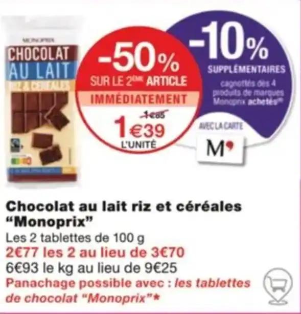 Chocolat au lait riz et céréales "Monoprix"