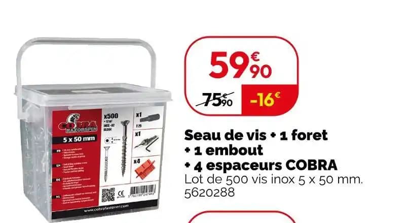 COBRA Seau de vis + 1 foret + 1 embout + 4 espaceurs
