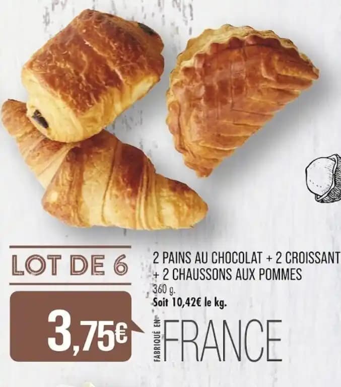 2 PAINS AU CHOCOLAT + 2 CROISSANTS + 2 CHAUSSONS AUX POMMES