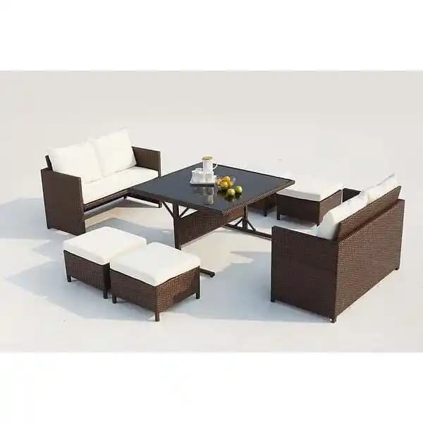 Salon de jardin 8 places en résine tressée marron/blanc NOUMEA