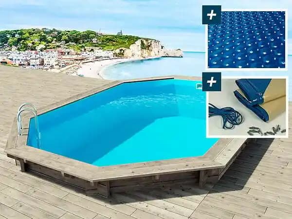 Piscine bois " Brazilia 130 " 5.86 x 3.86 x 1.30 m - Bâche à bulles 180 µ - Bâche hiver 280 g/m²