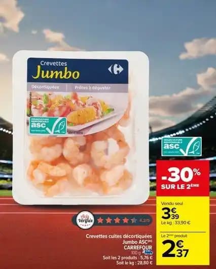 Carrefour - crevettes cuites decortiquees jumbo asc