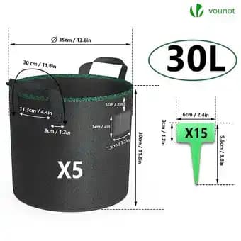 VOUNOT Lot de 5 sacs de plantation non tisse 30L avec poignee Noir