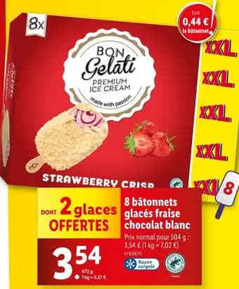 BON GELATI 8 bâtonnets glacés fraise chocolat blanc