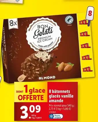 BON GELATI 8 bâtonnets glacés vanille amande