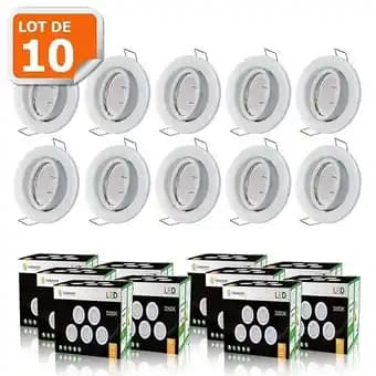 LOT DE 10 SPOT LED ORIENTABLE BLANC AVEC AMPOULE GU10 230V eq. 50W, BLANC CHAUD