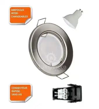 LOT DE 10 SPOT LED ENCASTRABLE COMPLETE RONDE FIXE ALU BROSSE eq. 50W BLANC CHAUD