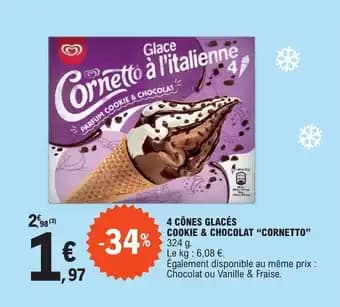 4 CÔNES GLACÉS COOKIE & CHOCOLAT "CORNETTO"