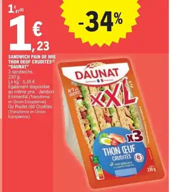 SANDWICH PAIN DE MIE THON OEUF CRUDITÉS(²) "DAUNAT"
