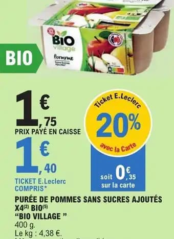 PURÉE DE POMMES SANS SUCRES AJOUTÉS X4(2) BIO(5) "BIO VILLAGE "
