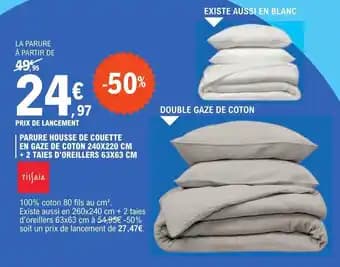 PARURE HOUSSE DE COUETTE EN GAZE DE COTON 240X220 CM + 2 TAIES D'OREILLERS 63X63 CM