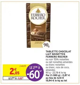 FERRERO ROCHER TABLETTE CHOCOLAT LAIT NOISETTES