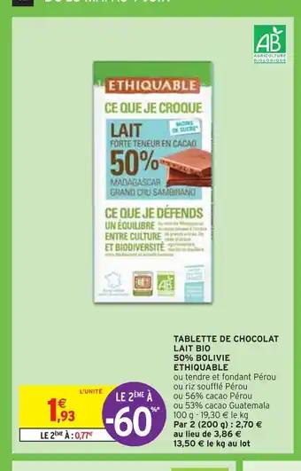 ETHIQUABLE TABLETTE DE CHOCOLAT LAIT BIO 50% BOLIVIE
