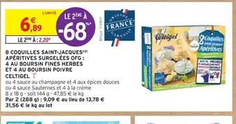 CELTIGEL 8 COQUILLES SAINT-JACQUES APÉRITIVES SURGELÉES OFG : 4 AU BOURSIN FINES HERBES ET 4 AU BOURSIN POIVRE