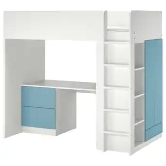 SmÅstad Lit mezzanine, blanc bleu/avec bureau avec 3 tiroirs, 90x200 cm