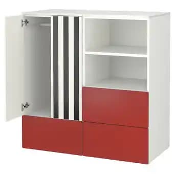 SmÅstad / platsa Combinaison de rangement, blanc rouge/rayure avec 3 tiroirs, 120x57x123 cm