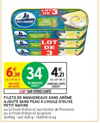 FILETS DE MAQUEREAUX SANS ARÔME AJOUTÉ SANS PEAU À L'HUILE D'OLIVE PETIT NAVIRE