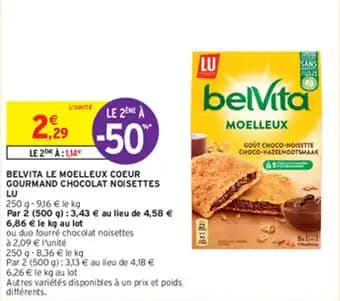 BELVITA LE MOELLEUX COEUR GOURMAND CHOCOLAT NOISETTES LU