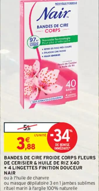 BANDES DE CIRE FROIDE CORPS FLEURS DE CERISIER & HUILE DE RIZ X40 + 4 LINGETTES FINITION DOUCEUR NAIR