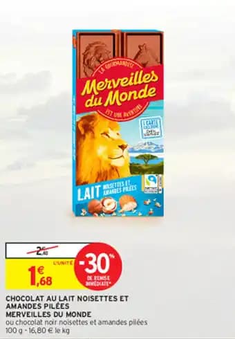 CHOCOLAT AU LAIT NOISETTES ET AMANDES PILÉES MERVEILLES DU MONDE