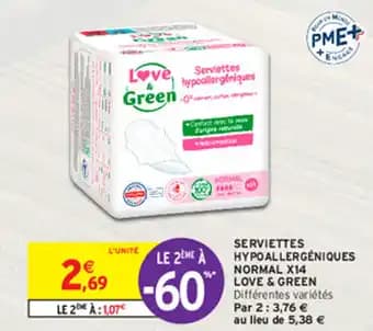 SERVIETTES HYPOALLERGÉNIQUES NORMAL X14 LOVE & GREEN
