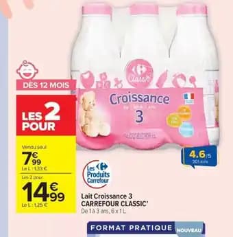 CARREFOUR CLASSIC' Lait Croissance 3 6 x 1 l