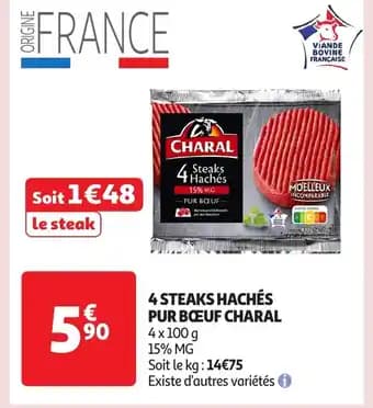 CHARAL 4 steaks hachés pur bœuf 4 x 100 g