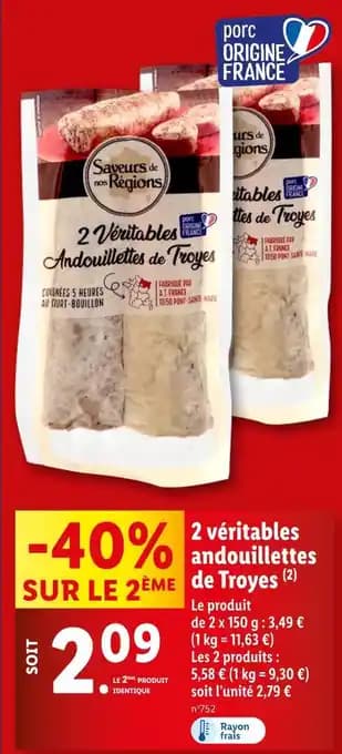 Saveurs de nos Régions 2 véritables andouillettes de Troyes