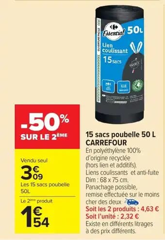 CARREFOUR 15 sacs poubelle 50 l