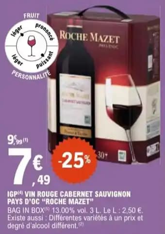 "ROCHE MAZET" Igp vin rouge cabernet sauvignon pays d'oc 3 l